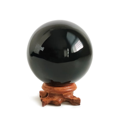 Black Obsidian Crystal Ball for Feng Shui and Meditation with Wooden Stand