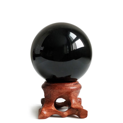 Black Obsidian Crystal Ball for Feng Shui and Meditation with Wooden Stand
