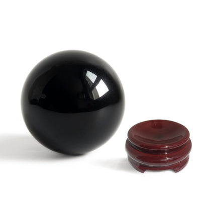 Black Obsidian Crystal Ball for Feng Shui and Meditation with Wooden Stand
