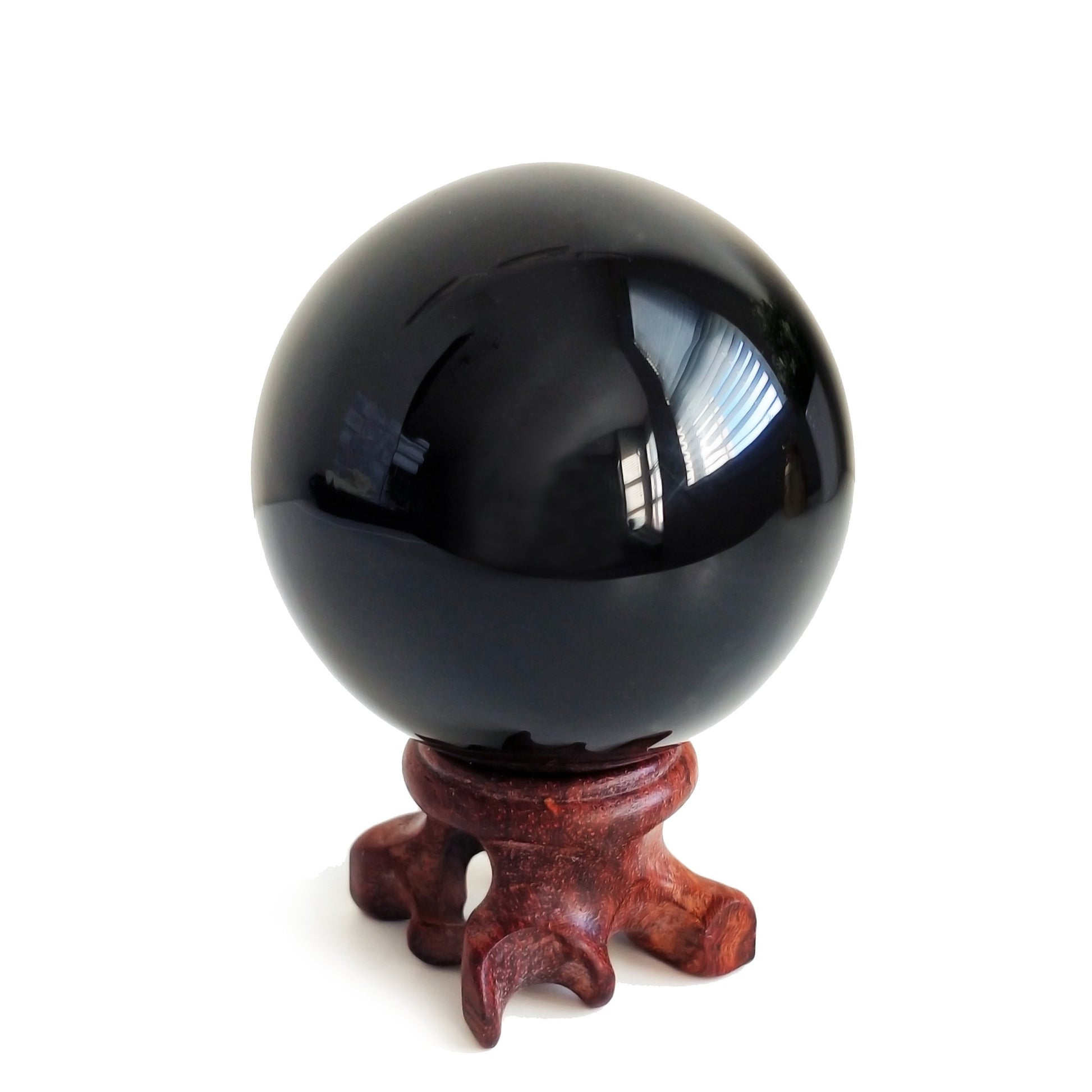 Black Obsidian Crystal Ball for Feng Shui and Meditation with Wooden Stand