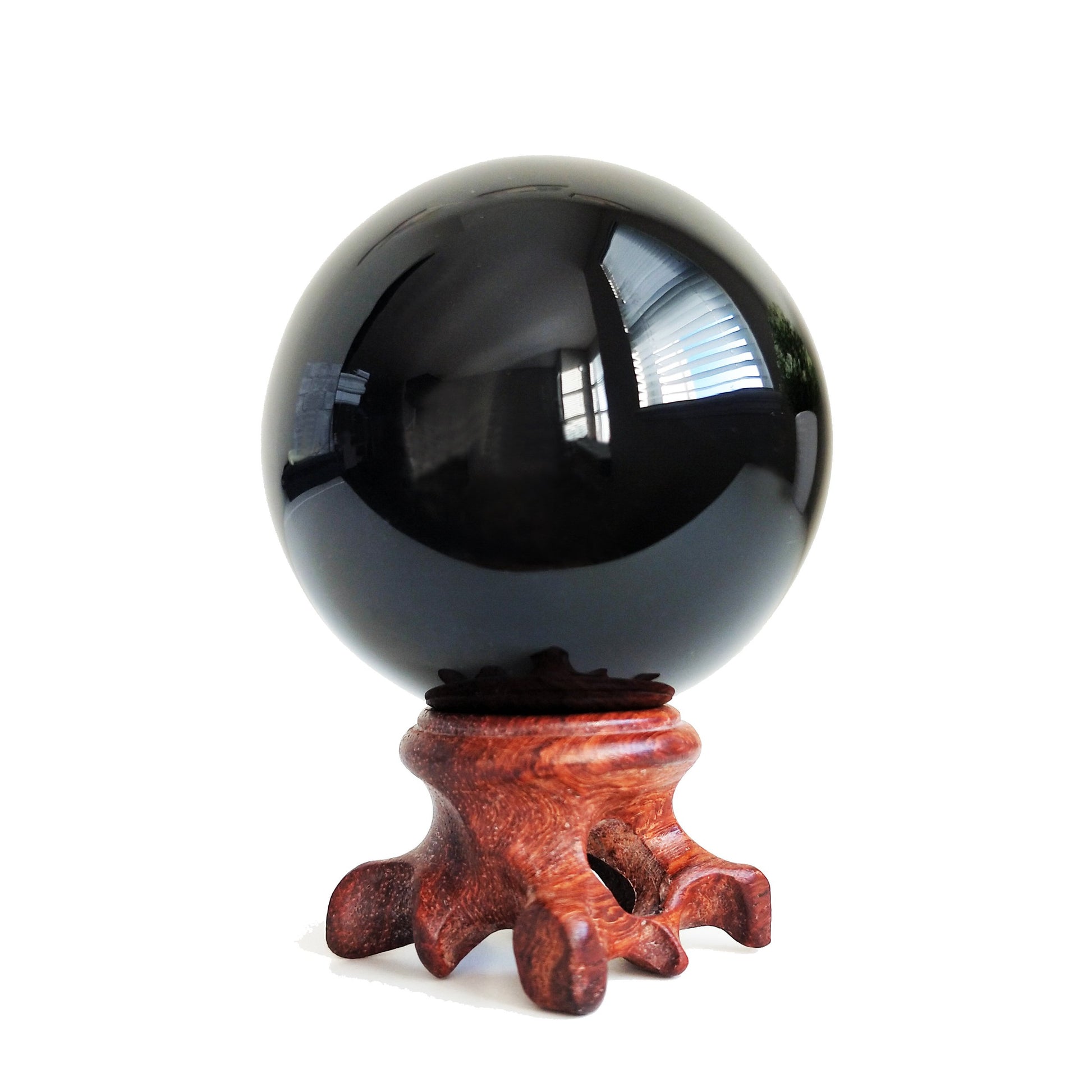 Black Obsidian Crystal Ball for Feng Shui and Meditation with Wooden Stand