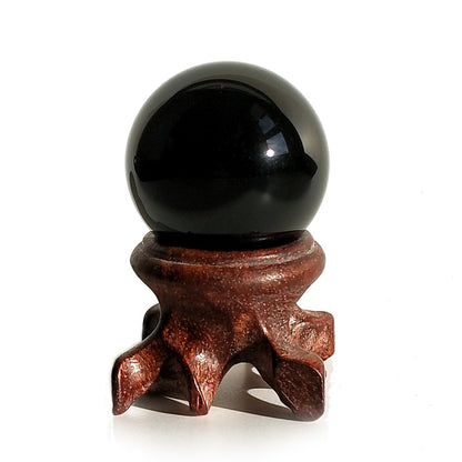 Black Obsidian Crystal Ball for Feng Shui and Meditation with Wooden Stand