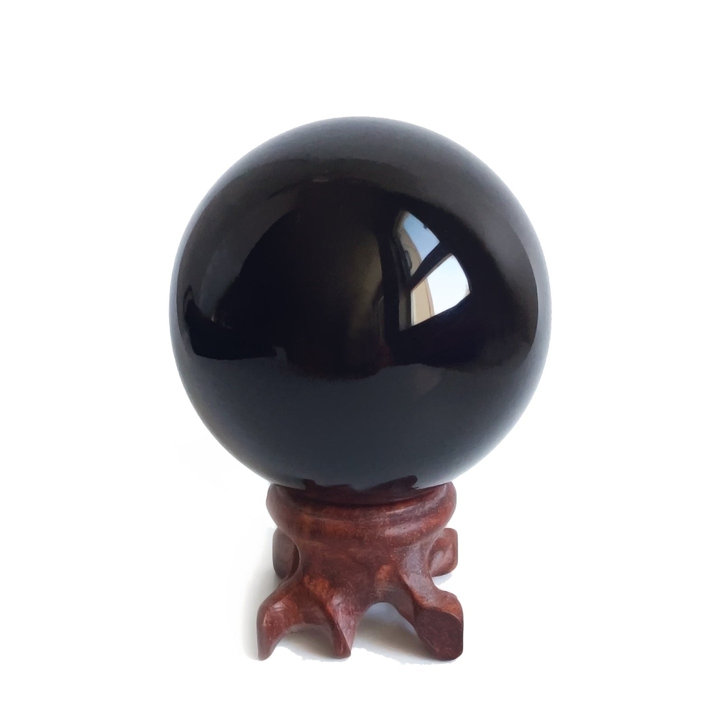 Black Obsidian Crystal Ball for Feng Shui and Meditation with Wooden Stand
