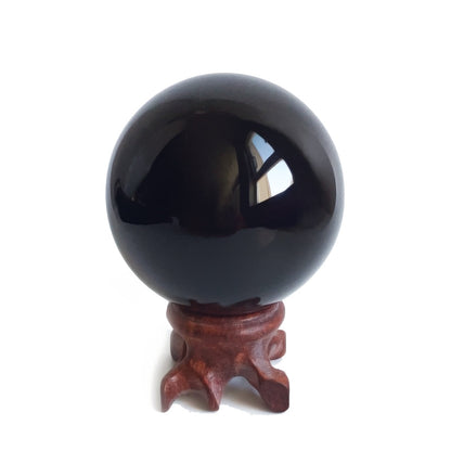 Black Obsidian Crystal Ball for Feng Shui and Meditation with Wooden Stand