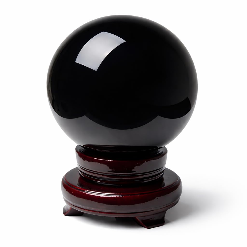 Black Obsidian Crystal Ball for Feng Shui and Meditation with Wooden Stand