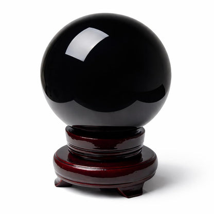 Black Obsidian Crystal Ball for Feng Shui and Meditation with Wooden Stand