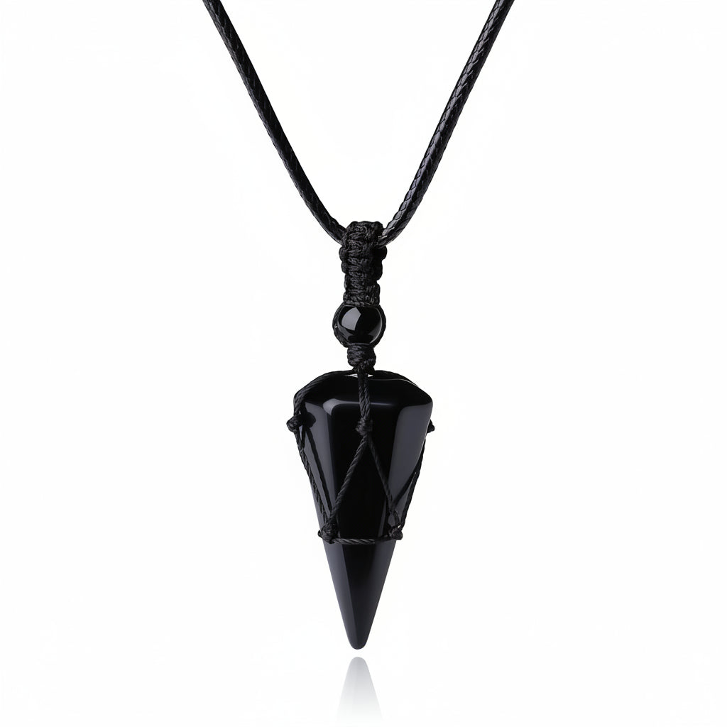Black Obsidian Pendant Necklace | Natural Hexagonal Wand Stone for Healing, Protection & Grounding | Spiritual Reiki Jewelry for Meditation, Scrying & Anxiety Relief
